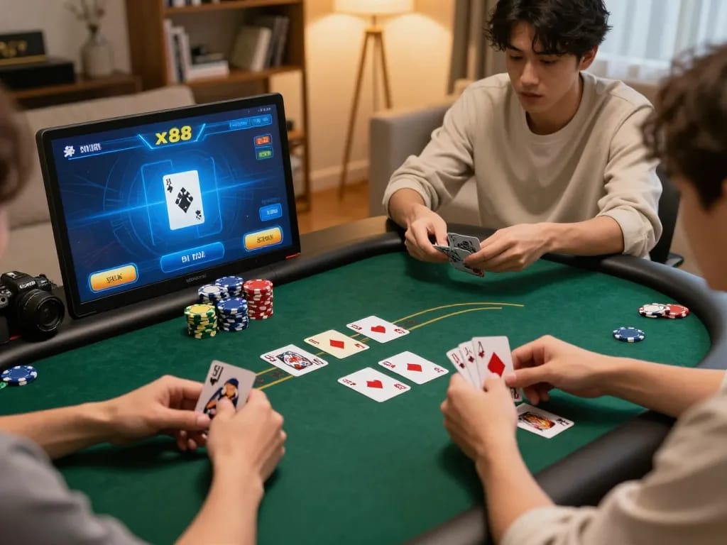 Players engage in an exciting online poker game at xx88 while strategizing with chips and cards.