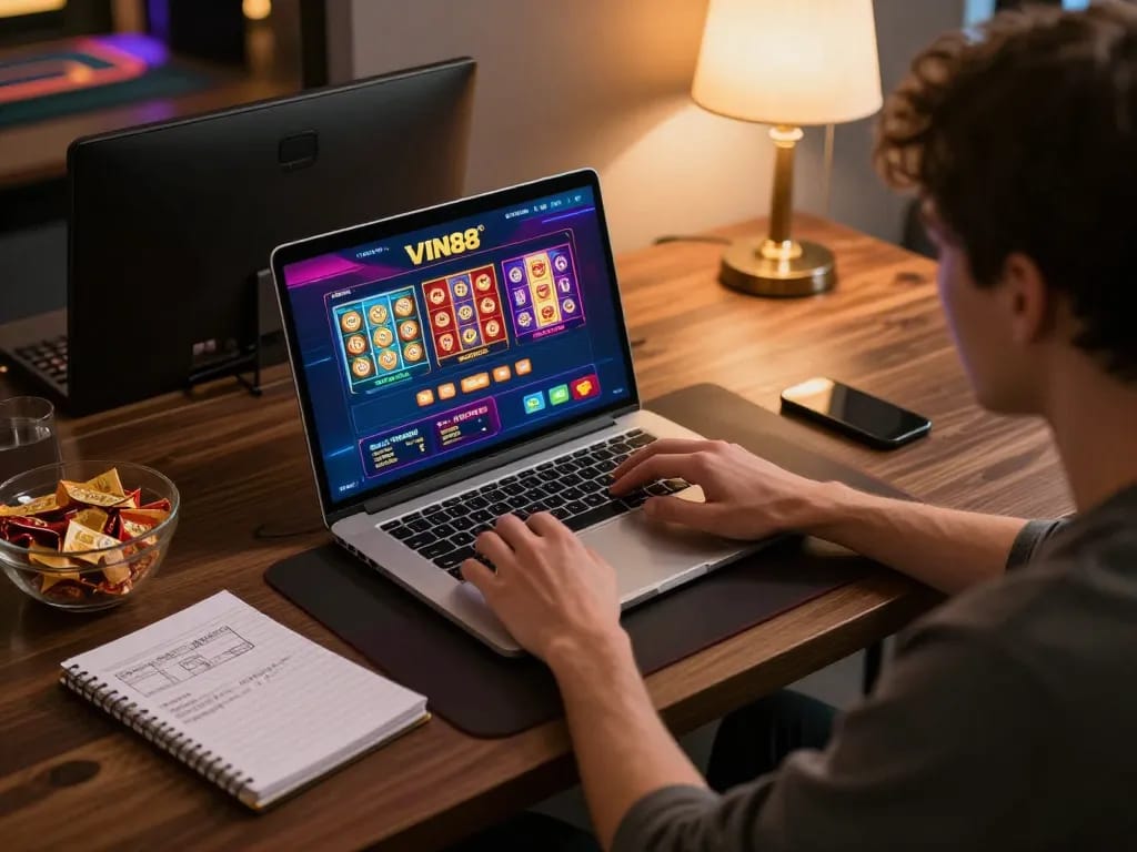 Engaging user playing VIN88 online casino games on a laptop in a cozy home setting.