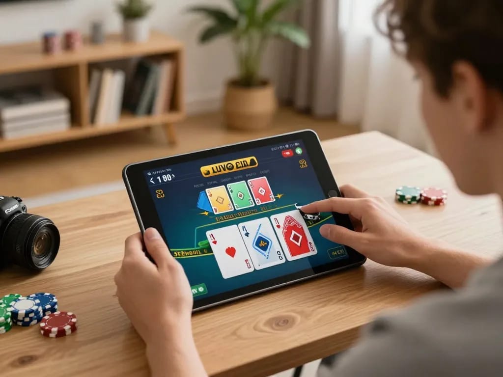 Player enjoying live dealer blackjack experience at J188 on tablet in cozy home setting.