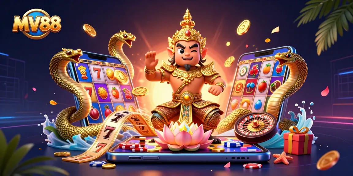 Experience MV88’s thrilling slot gameplay with cartoon guardian and vibrant casino elements.