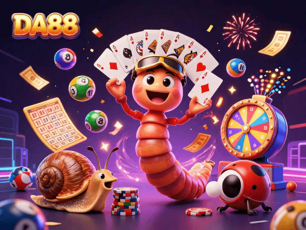 Engage with DA88's vibrant gambling scene featuring a lively millipede dealer, excited high-roller, and dynamic prizes.