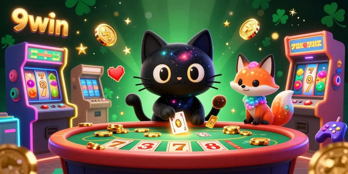 Engage with 9win as the black hole cat pulls in casino chips amidst vibrant gaming elements.