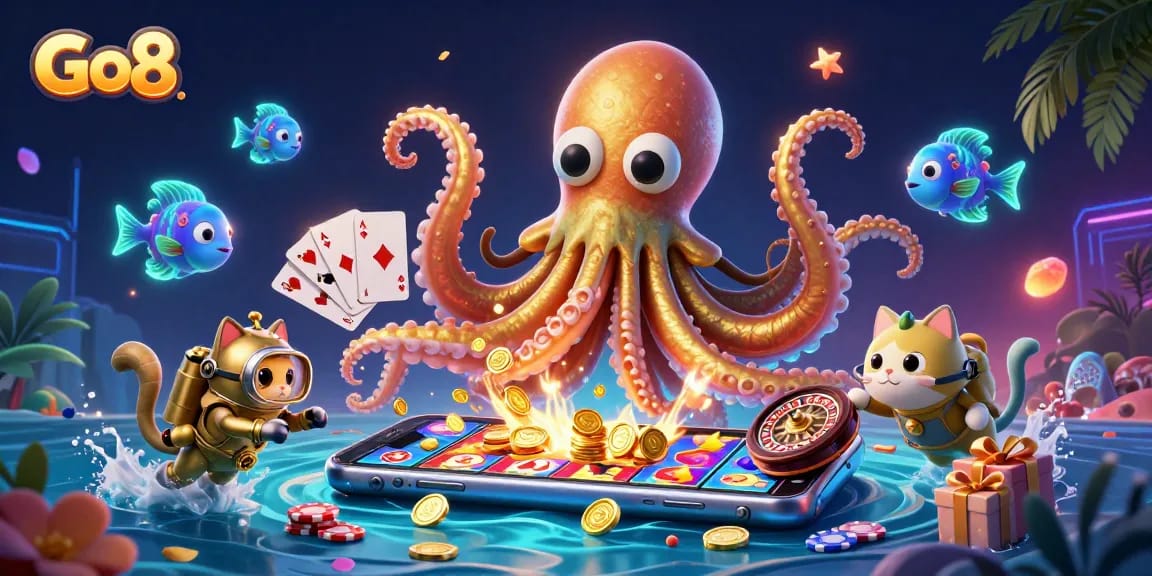 Engage with Go8's vibrant treasure-filled world featuring a kraken and a diving cat in an exciting casino setting.