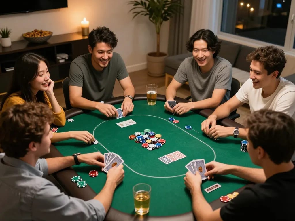 Engaging poker gameplay at home with friends celebrating their skills on va88