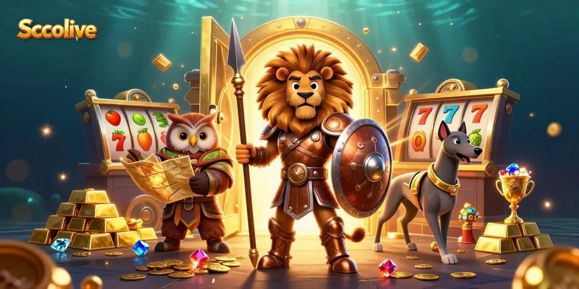 Socolive casino scene showcasing a Spartan lion heroically guarding gold treasures with vibrant slot symbols.