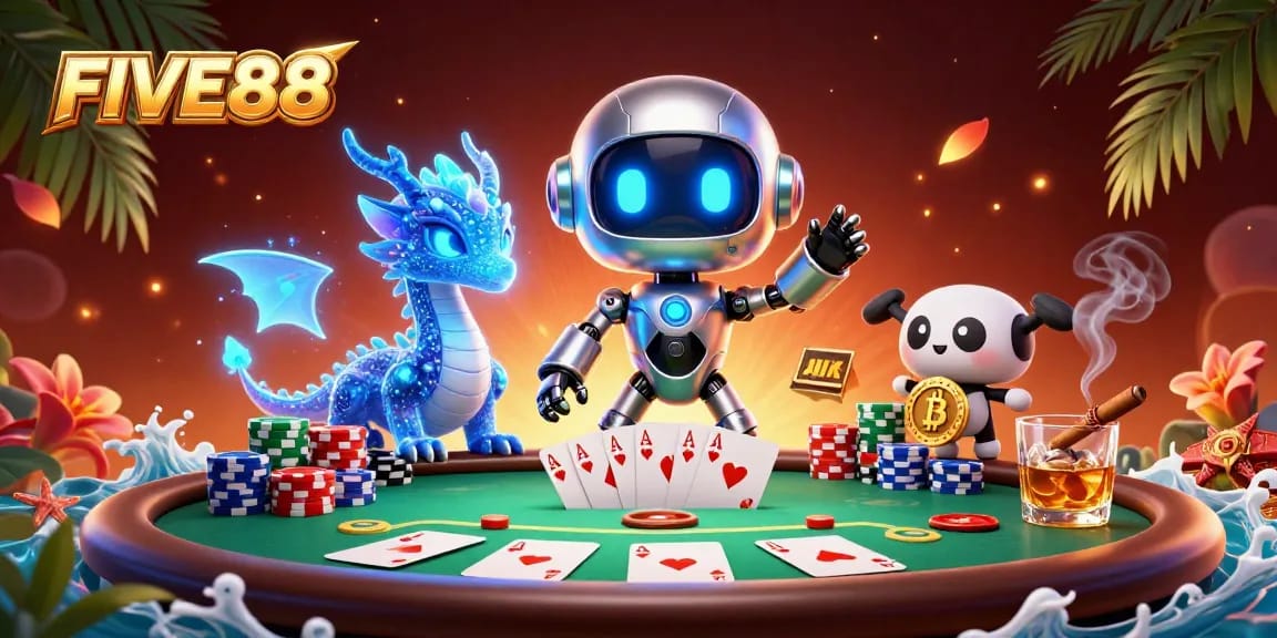 Engage with FIVE88's vibrant poker scene featuring a cyberpunk robot and holographic dragon.