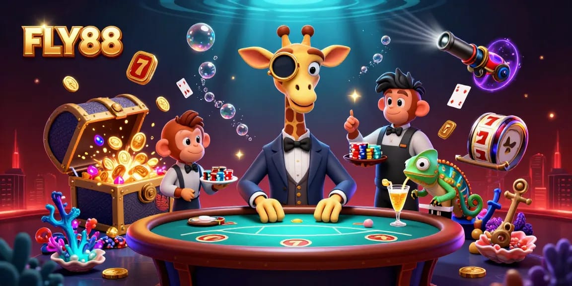Join FLY88 in an exciting 3D casino scene featuring a high-roller giraffe, monkey valet, and chameleon bartender.