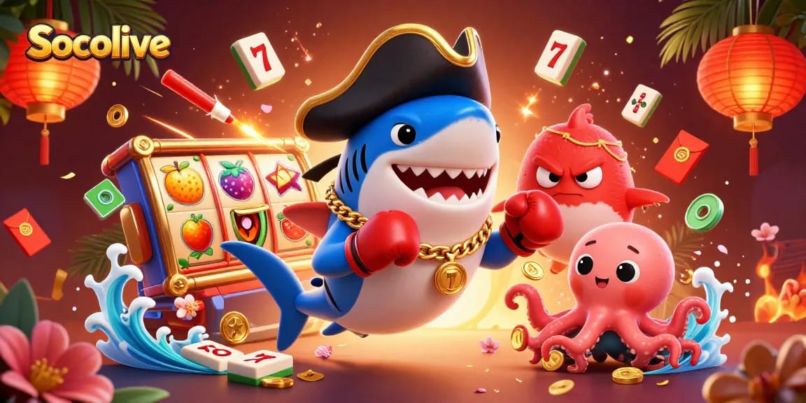 Socolive showcases a vibrant scene with a pirate shark, pufferfish, and octopus amidst slot reels and festive decorations.
