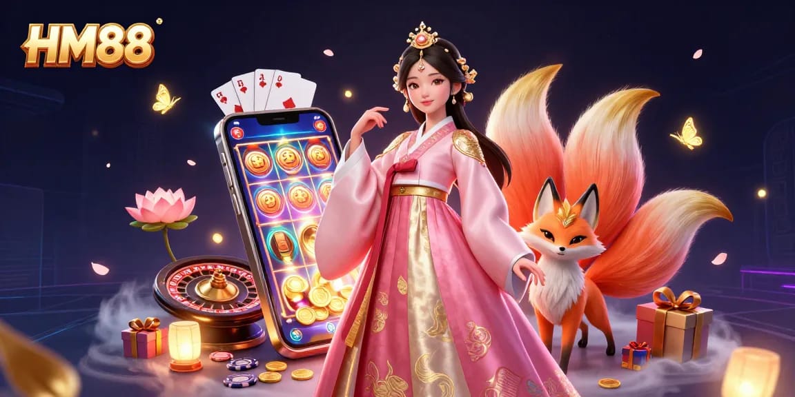 Engage with thrilling gaming experiences at HM88, featuring an enchanting Asian woman in a vibrant casino atmosphere.