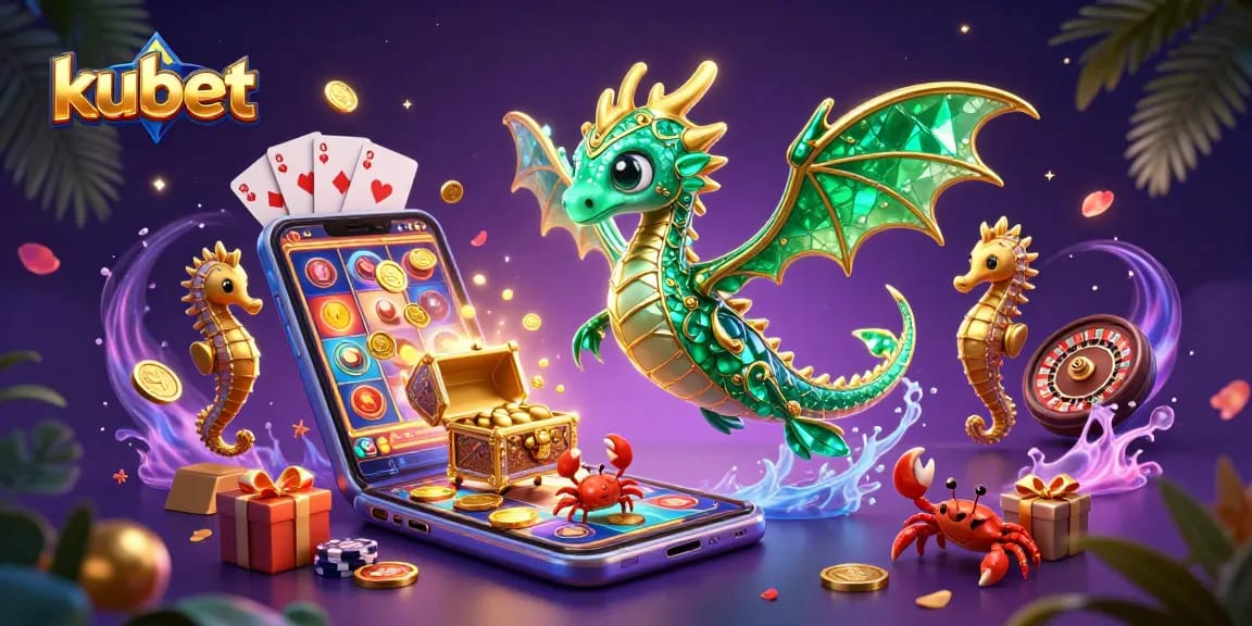 Engage with kubet's vibrant casino scene featuring a sea dragon, smartphone slots, and golden treasures.