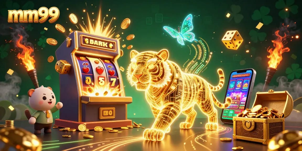 Experience the excitement of mm99 with a dazzling casino illustration featuring golden tiger and jackpot explosion.