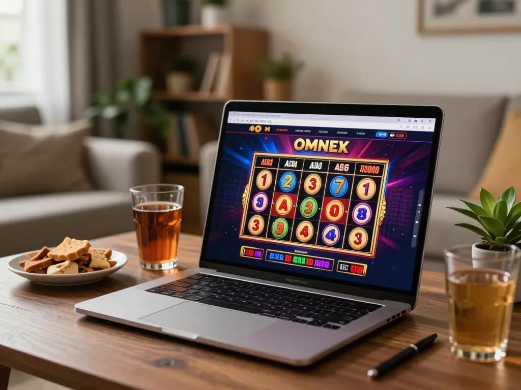 Player enjoying TR88 online slots in a cozy home setup with snacks and vibrant graphics