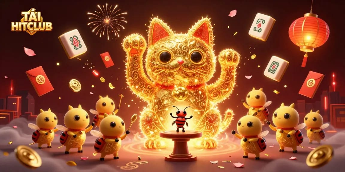 Engage with the vibrant scene depicting TẢI HITCLUB, showcasing a lucky cat and conductor beetle amidst rich gambling symbols and festive elements.
