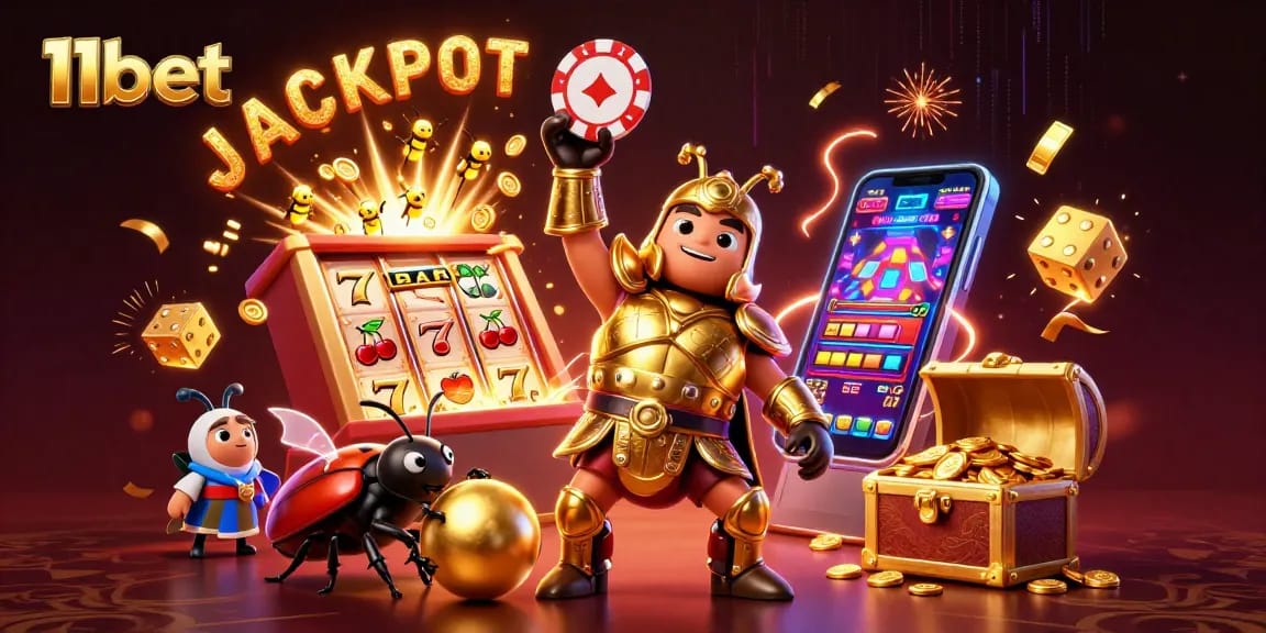 Win big with 11bet as a Hercules beetle celebrates a jackpot amid a vibrant casino scene.