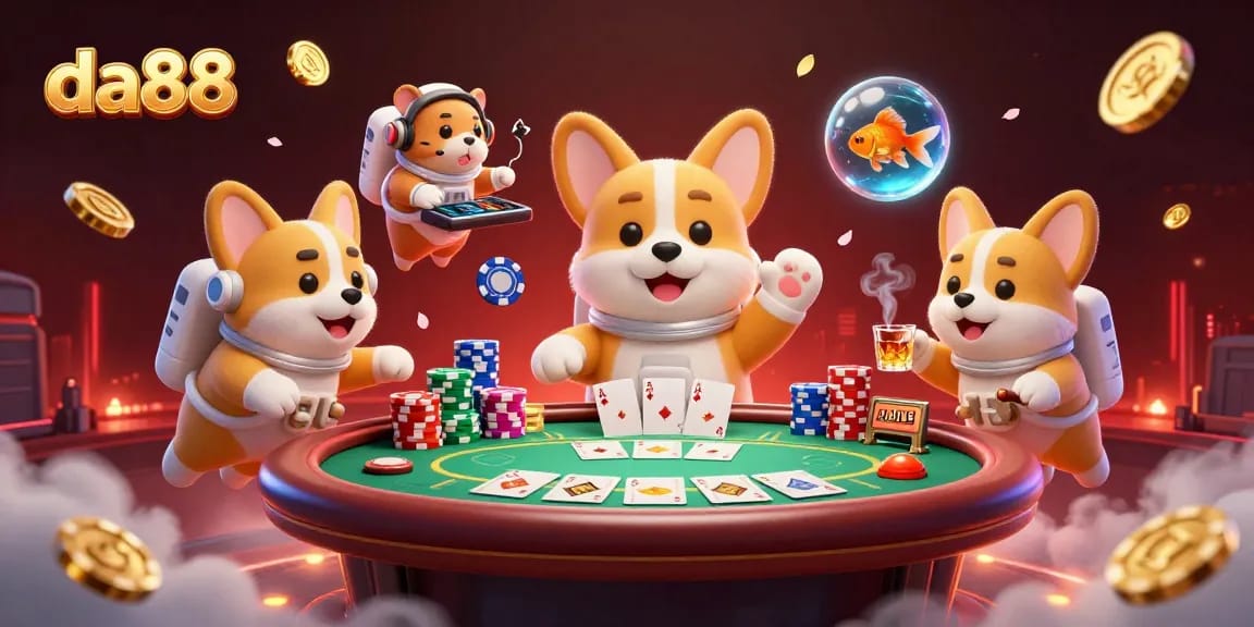 da88 offers an exciting space casino scene with a cartoon astronaut corgi and poker elements.
