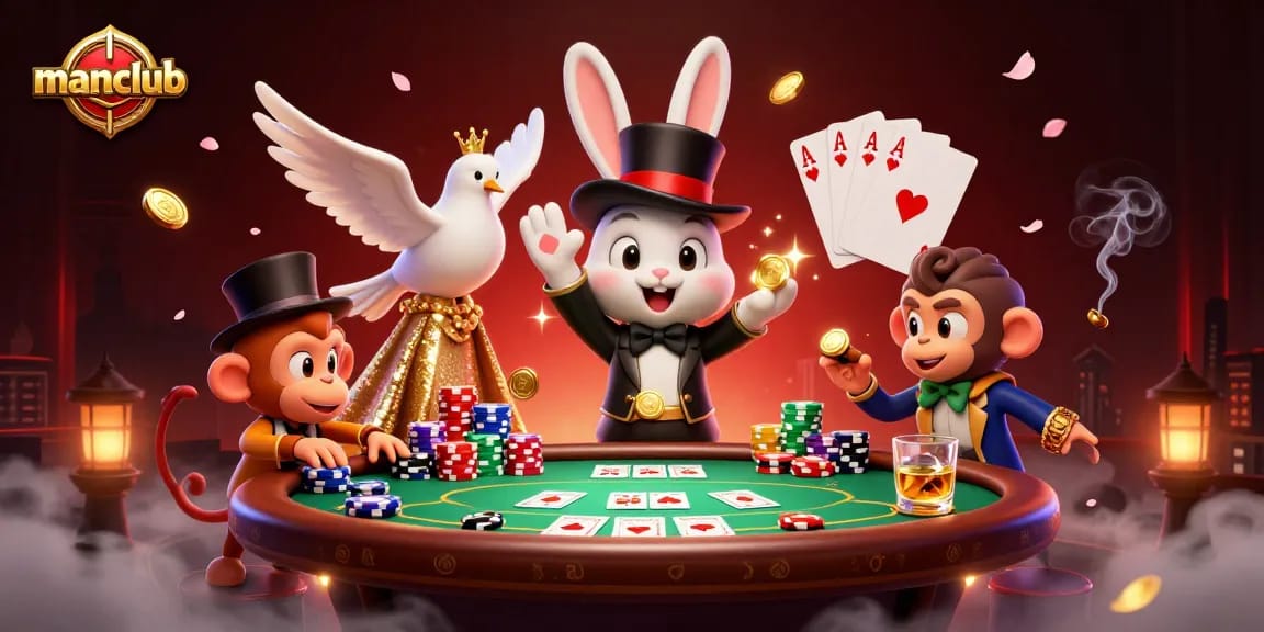 Join the excitement at manclub while the magician rabbit unveils treasures in a thrilling poker scene.