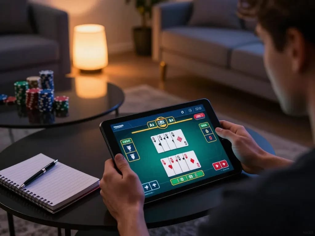 ku88 poker game on tablet highlighting strategic betting in cozy home setting