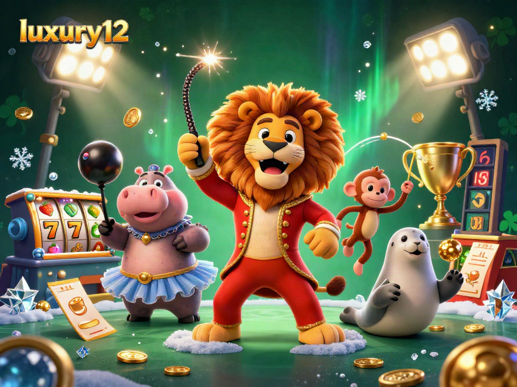 Feel the thrill at luxury12 as the whimsical characters celebrate jackpots amidst vibrant casino elements.