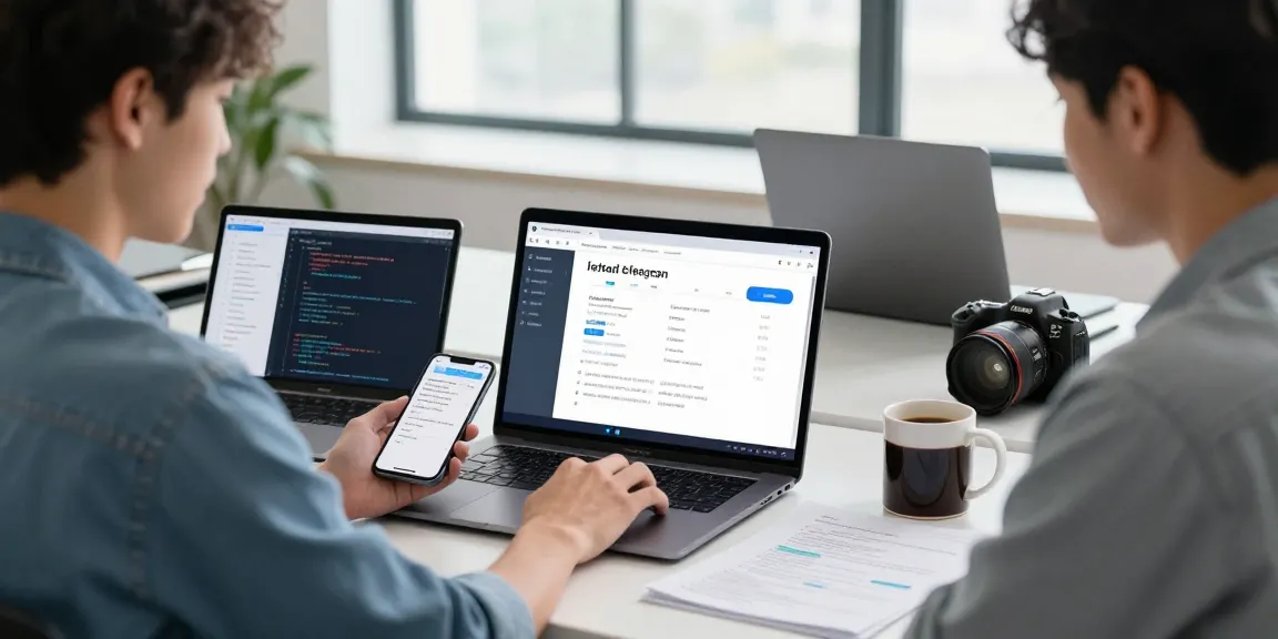 Download Telegram app in a modern tech workspace with a professional using multiple devices.