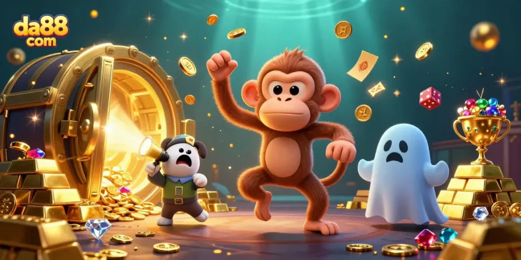 Experience thrilling gaming excitement at da88 com with a playful ghost and treasure-filled casino atmosphere.