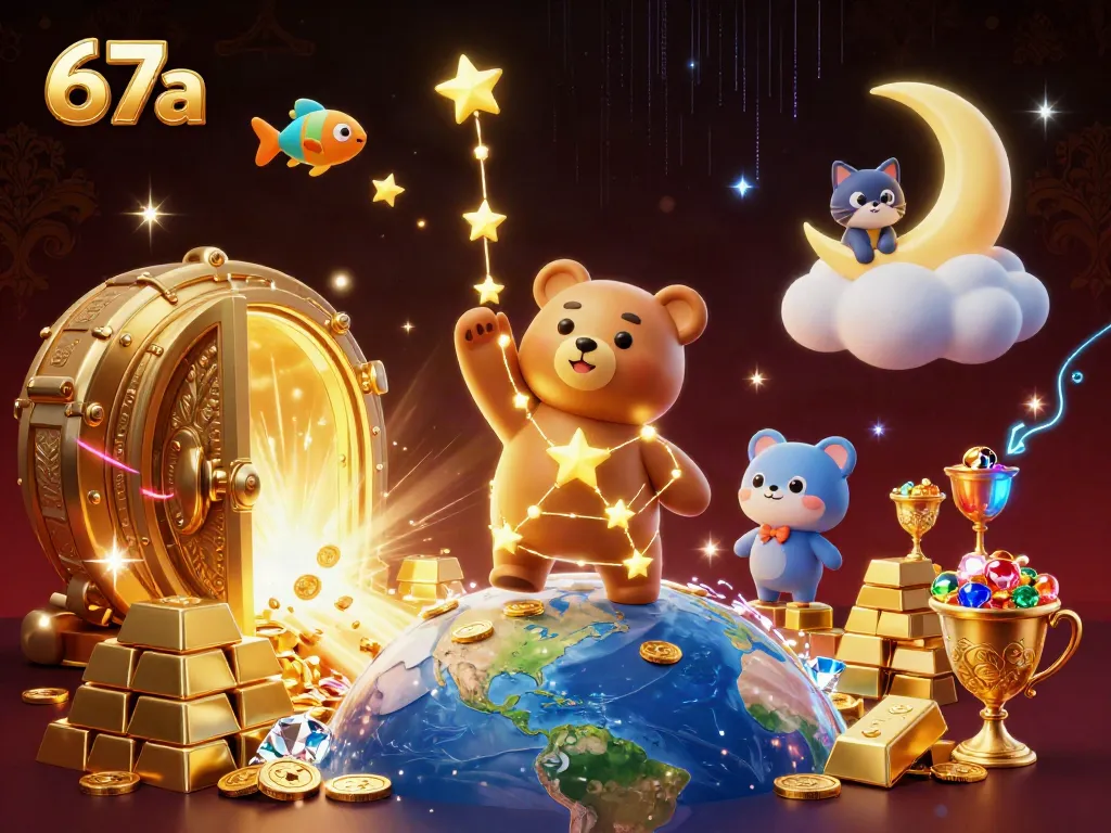 Experience the magic of 67a with a captivating scene featuring a constellation bear, treasure, and playful fish.