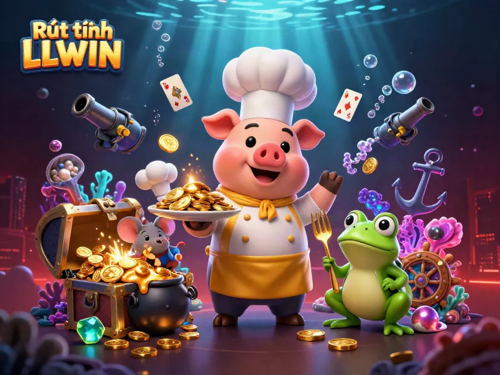 Experience the thrill of Rút tiền LLWIN with a vibrant casino-themed underwater scene, featuring gold coins and cheerful characters.
