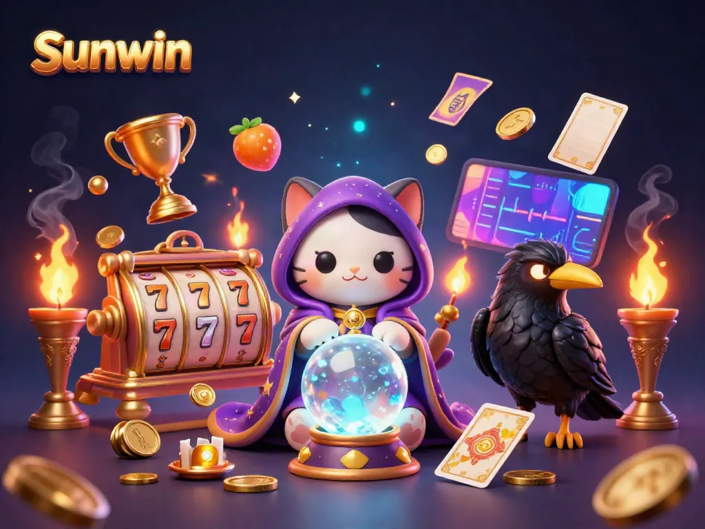 Sunwin betting scene with a mystic cat, raven, and casino elements, illustrating jackpot excitement.