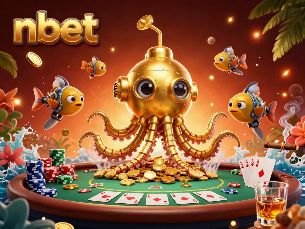Engaging nbet illustration featuring a golden kraken submarine and poker elements in a vibrant casino atmosphere.