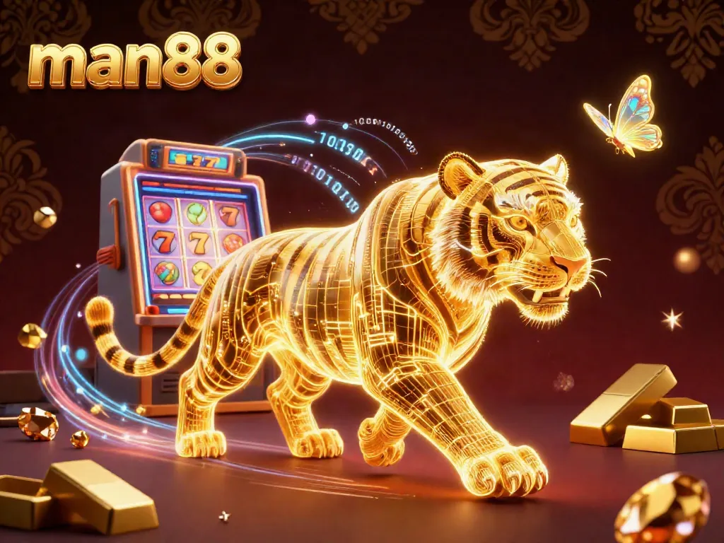 Experience the thrill of winning at man88 with this vibrant illustration of a digital casino filled with treasures.