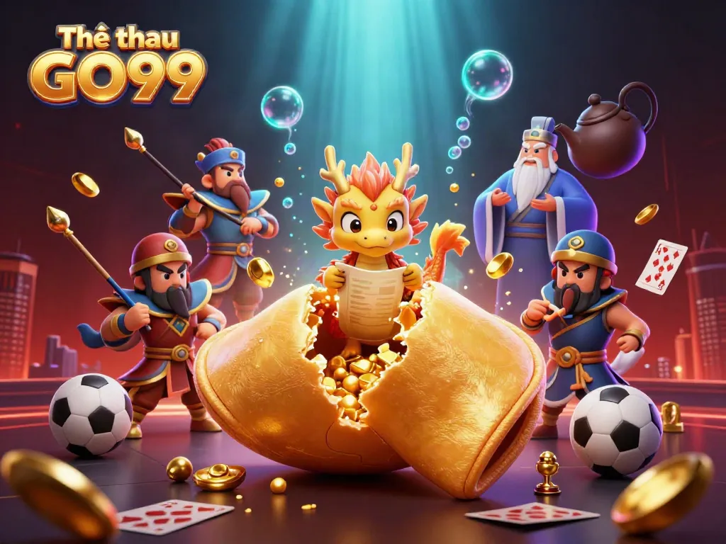 Experience winning strategies at Thể thao GO99 with a colorful 3D illustration of fortune elements and sports.
