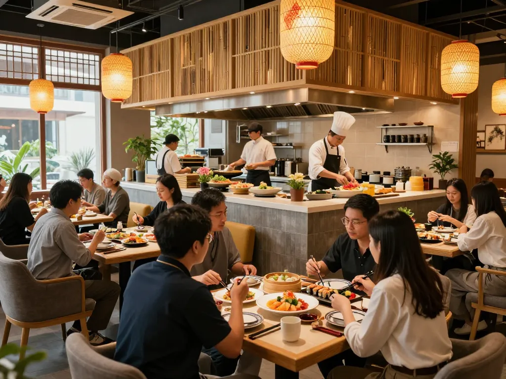 Guests savoring dishes at RED88 Asian bistro, where fresh sushi and dim sum come alive in a vibrant dining atmosphere.