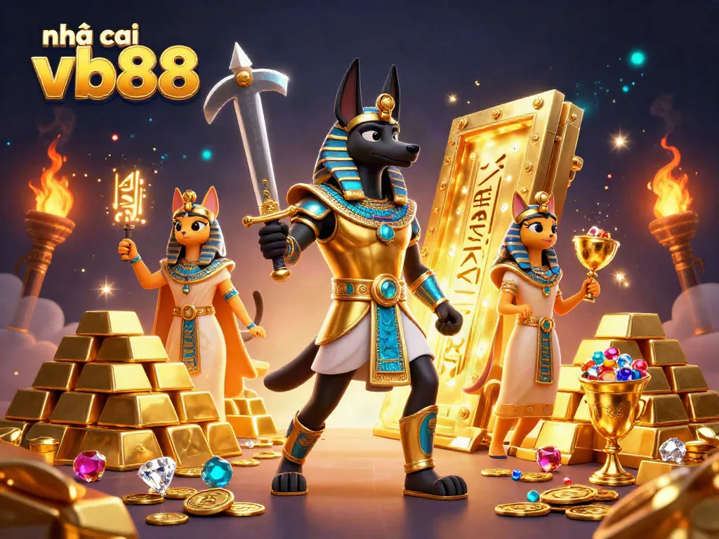 Engage with the dynamic world of nhà cái vb88 showcasing ancient warrior Anubis amidst treasures and thrilling betting elements.