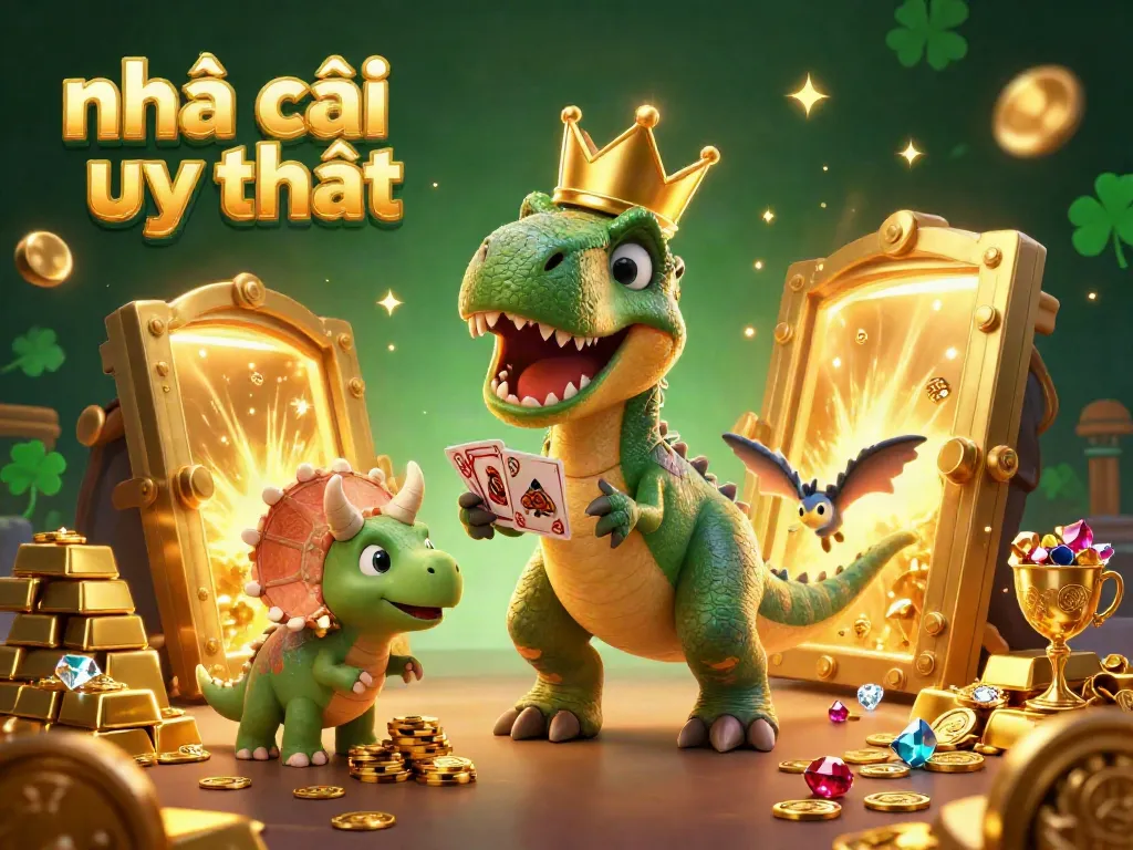 Engaging scene showcasing nhà cái uy tín with a friendly T-Rex shuffling cards, while a pterodactyl assists and a baby triceratops stacks golden tokens.