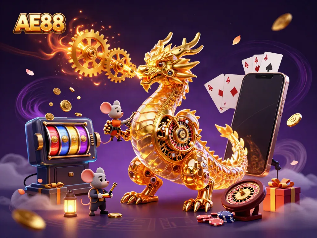 Engage with AE88's thrilling casino experience featuring golden dragon, slots, and vibrant game elements.