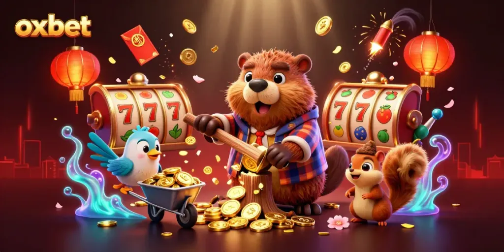 Spin to win with oxbet in this vibrant 3D casino scene featuring cartoon characters, golden coins, and slot elements.
