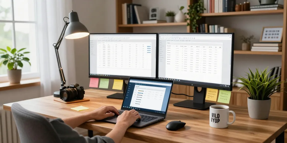Download WPS Office in a modern home office setup with a laptop and dual monitors.