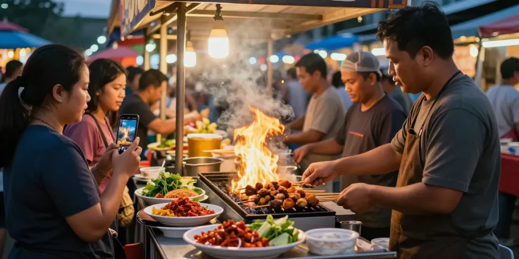 Delicious Sate Taichan grilling at rokok88 food stall in a bustling market.