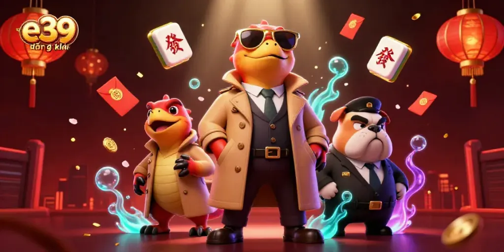 Engage with e39 đăng ký as raptors in a trench coat attempt VIP entry at a casino, packed with gaming elements.