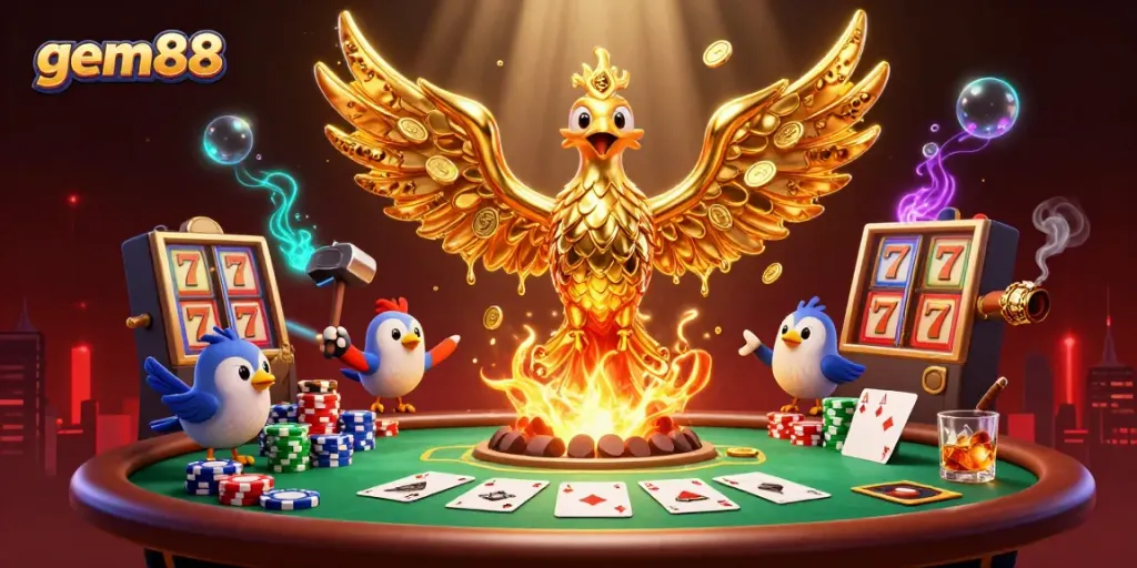 Engage in game strategies at gem88 featuring a golden phoenix and poker elements.