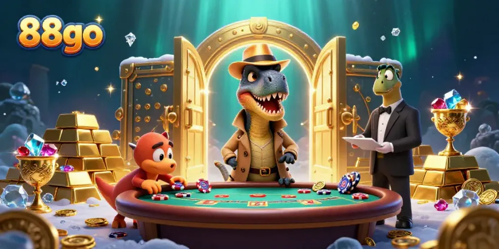 Experience excitement at 88go with a velociraptor card counter at the blackjack table amidst golden treasures.