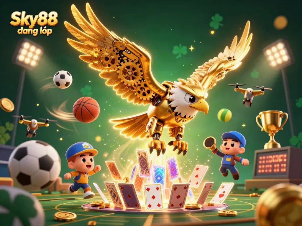 Experience excitement with Sky88 đăng nhập, featuring a golden eagle diving through vibrant casino elements.