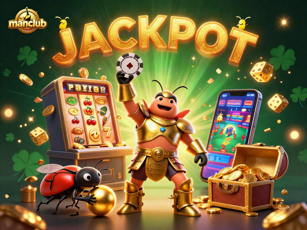 Win big with manclub as the golden beetle greets a jackpot explosion in this vibrant casino scene.