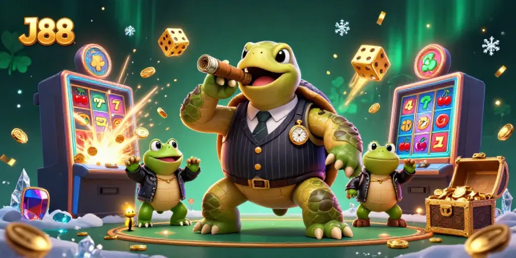 Join the fun at J 88 with a dynamic casino scene featuring a cartoon turtle and lightning jackpots.