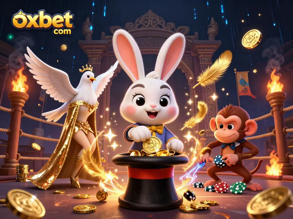 Experience the thrill of winning at oxbet com as the magician rabbit pulls gold coins in an exciting casino scene.