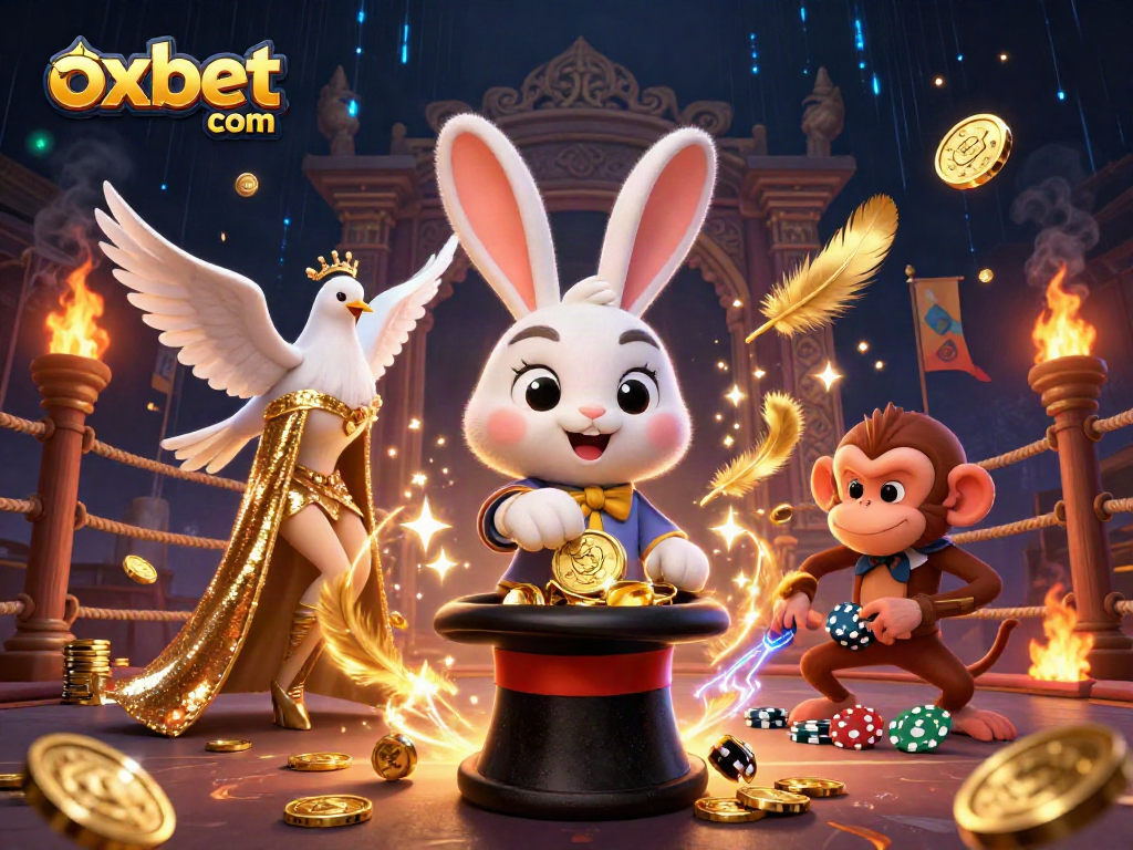 Experience the thrill of winning at oxbet com as the magician rabbit pulls gold coins in an exciting casino scene.