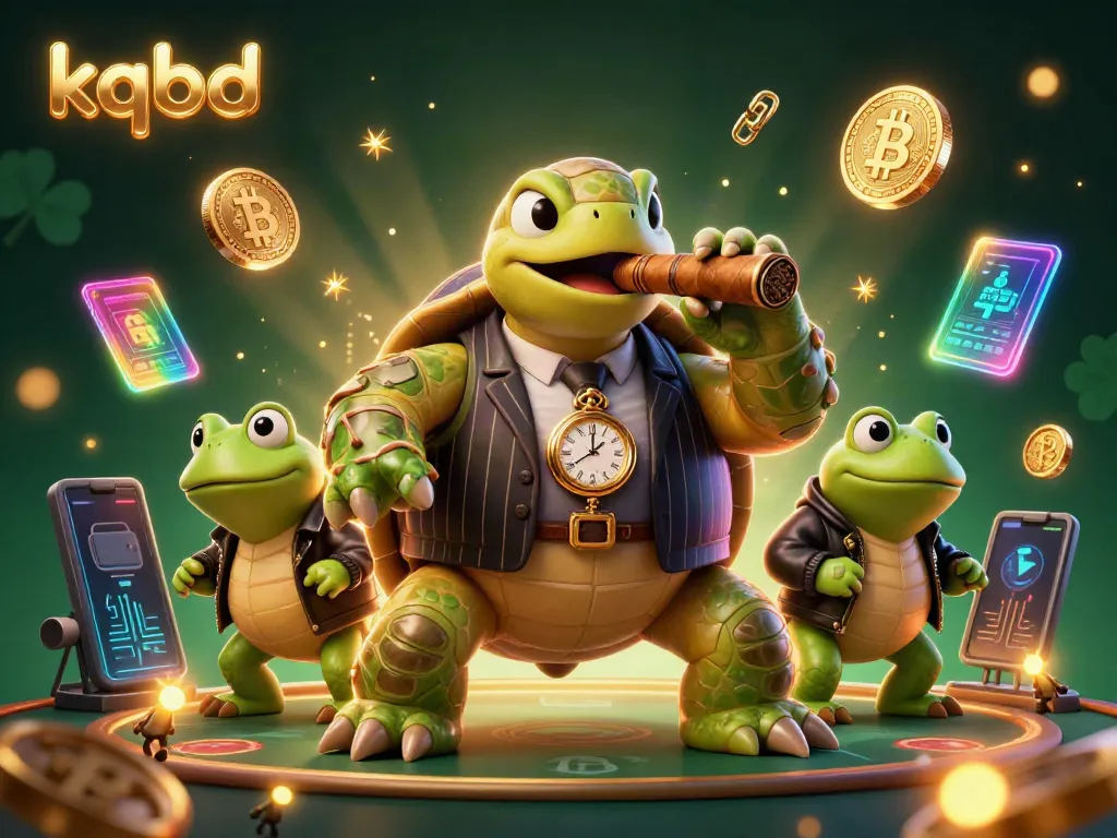 The kqbd platform showcases a vibrant 3D illustration with a cartoon turtle, crypto coins, and casino lights.