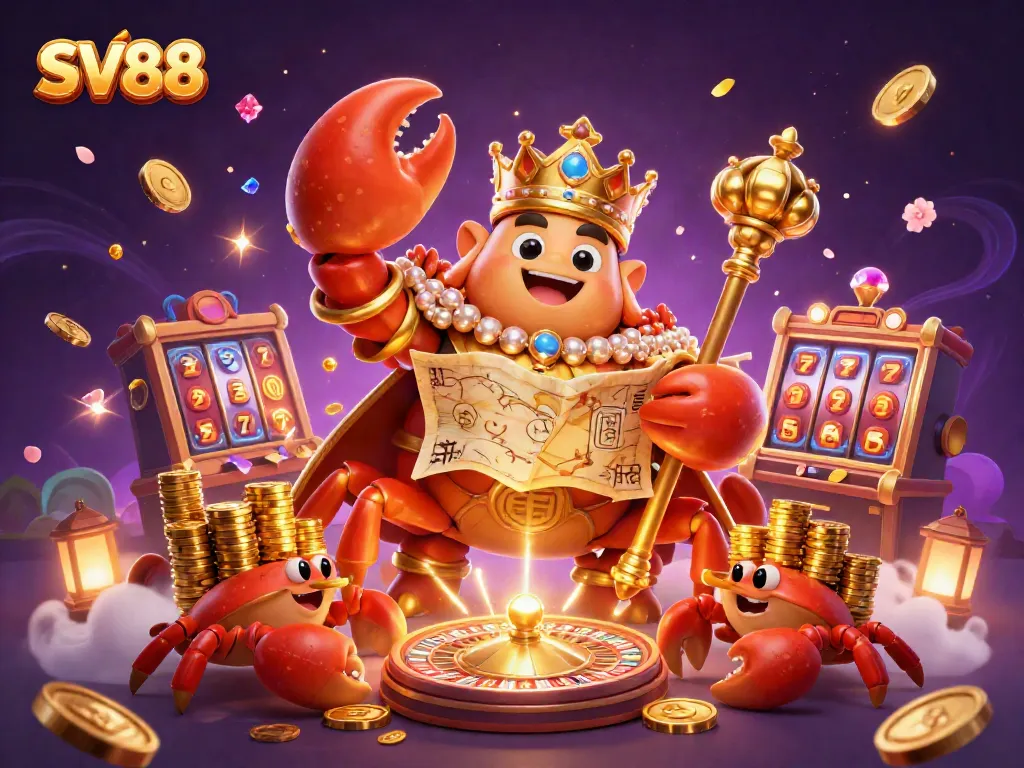 Engage with SV88's vibrant casino atmosphere, featuring a grand crab emperor amidst sparkling gems and golden delights.