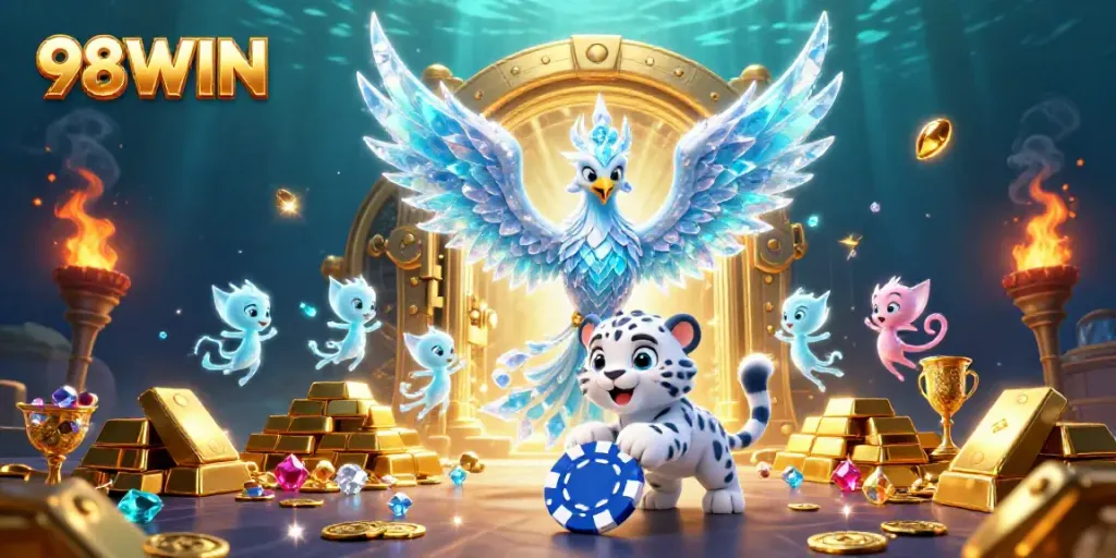 Experience excitement with 98WIN, showcasing 3D cartoon characters in a vibrant casino scene.
