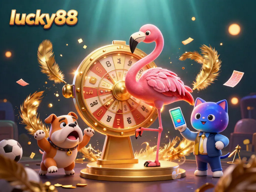 Catch the excitement at lucky88 with a vibrant scene of a game show host and contestants amidst thrilling sports betting elements.
