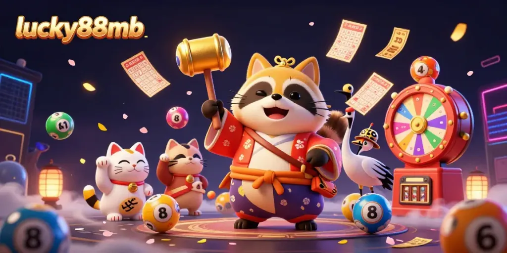 Experience thrilling gaming dynamics at lucky88mb with cartoon characters, bright lottery elements, and celebratory visuals.